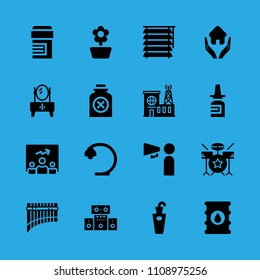 flower, poison, sound system, home insurance, pills, promoting, building, barrel and drum set vector icon. Simple icons set
