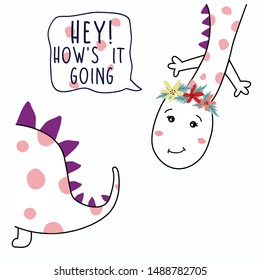 flower polka dino pink line text girl tee illustration art vector