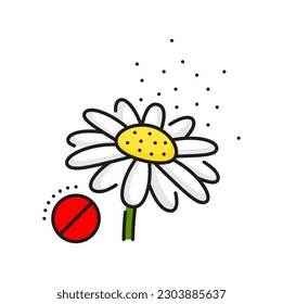 Flower pollen allergy color line icon. Respiratory disease, spring seasonal allergy thin line vector pictogram. Breathing problem, plant pollen allergen outline sign or icon with chamomile flower