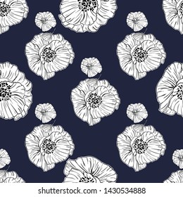 Flower popies graphic design. Cute seamless vector tile pattern. Retro vintage. line popie flower surface design.