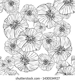 Flower popies graphic design. Cute seamless vector tile pattern. Retro vintage. line popie flower surface design.