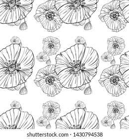 Flower popies graphic design. Cute seamless vector tile pattern. Retro vintage. line popie flower surface design.