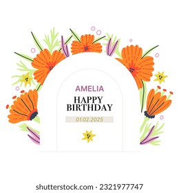 Flower Poppy arch frame for text vector in hand drawn style. Floral Botanical bouquet rectangle border with leaves. Greeting card, wedding banner, invitation design