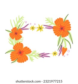 Flower Poppy border for text in vector hand drawn style. Floral Botanical bouquet rectangle frame with leaves. Greeting card, wedding banner, invitation design