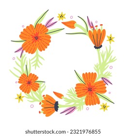 Flor Marco de círculo de la amapola para texto con estilo dibujado a mano vectorial. Borde floral botánico con hojas. Tarjeta de saludo, banner de boda, diseño de invitación