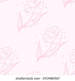 Flower poppy seamless pattern. Cute hand drawn illustration, vector doodle isolated on light pink background. Flower background for coloring book, banner, web, print. Pastel pink, romantic.
