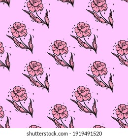 Flower poppy seamless pattern. Cute hand drawn illustration, vector doodle isolated on light pink background. Flower background for textile, banner, web, print. Pastel pink, romantic, spring.
