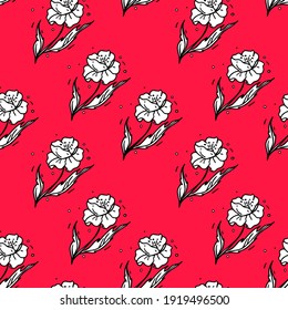 Flower poppy seamless pattern. Hand drawn illustration, vector doodle red background. White flower background for textile, banner, web, print. Vintage, old, fashion.