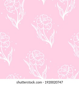 Flower poppy seamless pattern. Hand drawn illustration, vector doodle isolated on pink background. Flower background for coloring book, banner, web, print. Pastel pink, romantic, wedding.