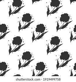 Flower poppy silhouette seamless pattern. Hand drawn illustration, vector doodle on white background. Black and white flower background for textile, banner, web, print. Vintage, old, fashion.