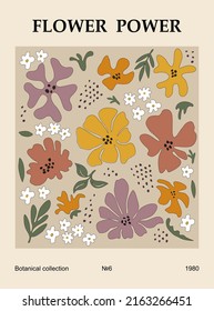 Flower Poster. Abstract Floral Contemporary Art With Decorative Flowers. Modern Botanical Print. Vintage Style Hand Drawn Vector Illustration. Perfect For Cards, Wall Arts.  Retro 70s, 80s, 90s. 