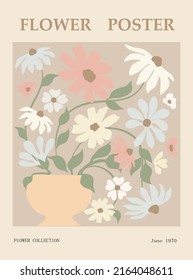 Flower poster - abstract flowers in vase.  Trendy botanical wall art with floral design in danish pastel colors. Modern naive groovy funky interior decorations, paintings. Vector art illustration.