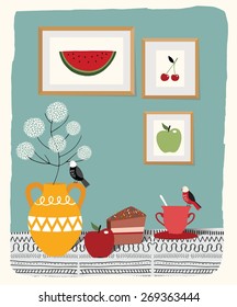 Flower poster with a bird and apple on table
