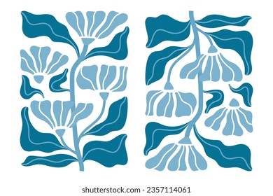 Flower poster. Blue Matisse floral, Art Deco inspired elegant hue. Delicate reflection, stem, leaves, branch. Simple doodle pattern, curvy line, wavy form. Thin simple doodle. Vector flat illustration
