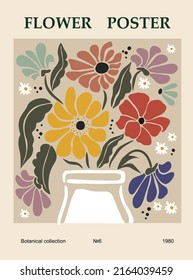 Flower poster.  Trendy botanical wall arts with floral design in hippie style. Modern naive groovy funky interior decorations, paintings. Colorful flat vector art illustration.