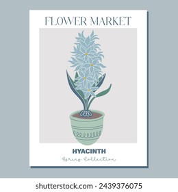 Flower poster. Trendy botanical wall art with hyacinth grows from a bulb in flowerpot. Fresh blooms, potted jacinth houseplant. Modern interior decoration. Flat style vector illustration.