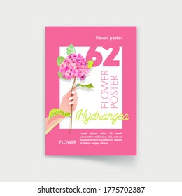 Flower Poster with Woman Hand Hold Hydrangea Blossom Branch on Pink Background. Holiday Celebration, Wedding Decor. Blossoms Bouquets Delivery Service Banner, Nature Flyer Design. Vector Illustration