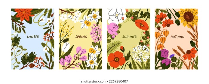 Flower posters for four seasons. Spring, summer, fall, autumn, winter cards designs. Nature seasonal banners set. Vertical floral backgrounds with modern botanical frames. Flat vector illustrations