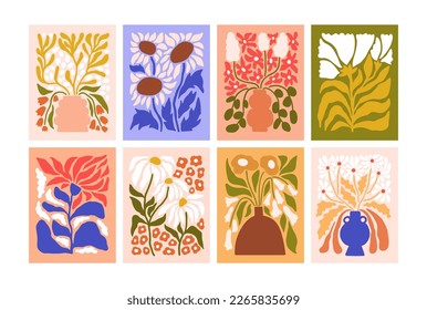 Flower posters set. Botanical wall arts with trippy groovy spring floral plants in vase. Modern trendy interior cards, decorations, paintings with blossomed blooms. Colored flat vector illustrations