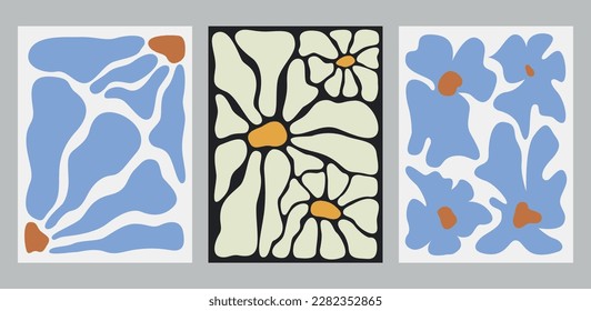 Flower posters set. Botanical wall arts with trippy groovy spring floral plants in vase. Modern trendy interior cards, decorations, paintings with blossomed blooms. Colored flat vector illustrations
