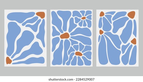 Afiches de flores. Paredes botánicas con plantas florales de primavera trippy y jarrón. Tarjetas interiores modernas, decoración, cuadros con flores. Ilustraciones de vectores planos de color
