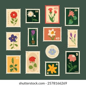 Flower postmarks design, botanical postage stamps, plants blossoms decorative mail labels philately collection for paper correspondence delivering. Philatelism creative hobby vector illustration