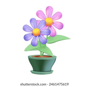 Flower in the pot 3D illustration, plant with leaves in pot. Houseplants isolated. Trendy hugge style, urban jungle decor. Gardening concept. 3d vector icon. Cartoon minimal style