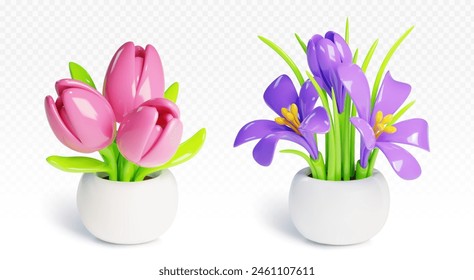 Flower in pot 3d vector set. Realistic illustration of cartoon plastic plant with blossom of tulip and crocus in white flowerpot. Home decorative floral bush in vase. House and garden vegetation