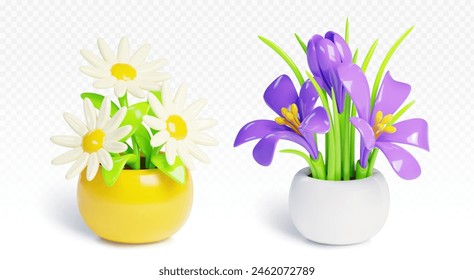 Flower in pot 3d vector set. Realistic illustration of cartoon plastic plant with blossom of daisy and crocus in white flowerpot. Home decorative floral bush in vase. House and garden vegetation