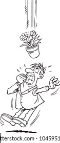 Flower pot about to fall onto a man head.