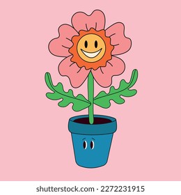 Flower pot. Abstract cartoon character with a face. Hand drawn vector illustration. Botanical pot, cute home indoor plants. isolated elements