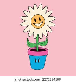 Flower pot. Abstract cartoon character with a face. Hand drawn vector illustration. Botanical pot, cute home indoor plants. isolated elements