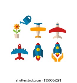 Flower pot, airplane, space shuttle, rocket with two hands vector colorful cartoon icon set. Business growing startup launch concept flat icons. 
