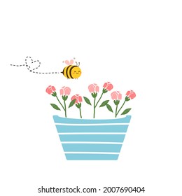 Flower pot with bee cartoon on white background vector illustration.