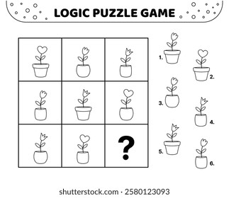 Flower in pot. Black and white logic puzzle game. For kids. Vector, eps 10