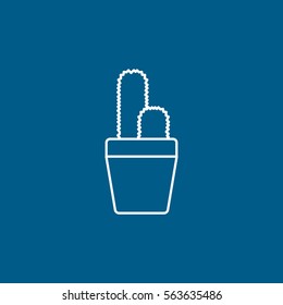 Flower In Pot Cactus Line Icon On Blue Background