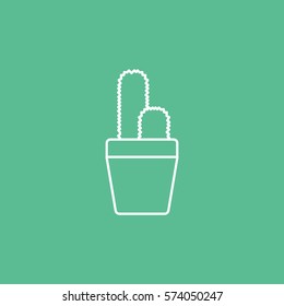 Flower In Pot Cactus Line Icon On Green Background