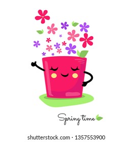 Flower pot cartoon character with happy face. Vector illustration. Spring time