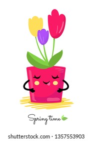 Flower pot cartoon character with happy face. Vector illustration. Spring time