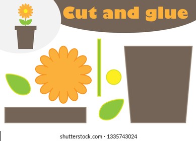 Flower in the pot cartoon, education game for the development of preschool children, use scissors and glue to create the applique, cut parts of the image and glue on the paper, vector illustration