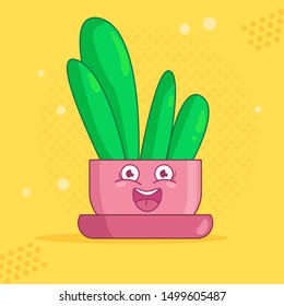 Flower pot with cartoon face Vector. Cartoon. Isolated art on white background. Flat