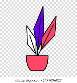 Flower in a pot in cartoon style. House plant in flat style. Vector outline icon plant on a transparent background.