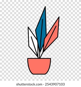 Flower in a pot in cartoon style. House plant in flat style. Vector outline icon plant on a transparent background.