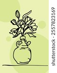 Flower pot, clay pot with beautiful flowers, flower pot line art