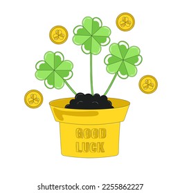 Flower Pot with Clover Plant Coins Around Good Luck wish for St Patricks Day