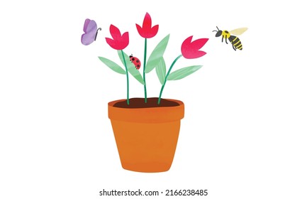 Blumentopf mit bunten Blumen, Bienen, Ladybug und Schmetterlingswasserfarbe einzeln auf weißem Hintergrund. Blumentopf Clipkunst. Der Cartoon-Stil mit braunen Plastikflorentöpfen. Handgezogener Blumentopf