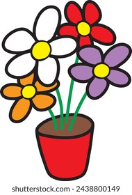 Flower pot with colorful flowers. Vector cartoon drawing.