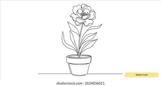 flower in pot continuous single line art drawing sketch on white background	