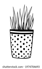 Flower pot with decorative grass, plant. Hand drawn simple black outline vector illustration in cartoon doodle style, isolated. Design element, clip art for decoration, coloring page