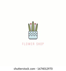 Flower pot. Domestic home Plant. Minimalistic floral Icon. Flower Shop Logo template. Cartoon style, simple flat design. Trendy Vector illustration. Isolated on a white background